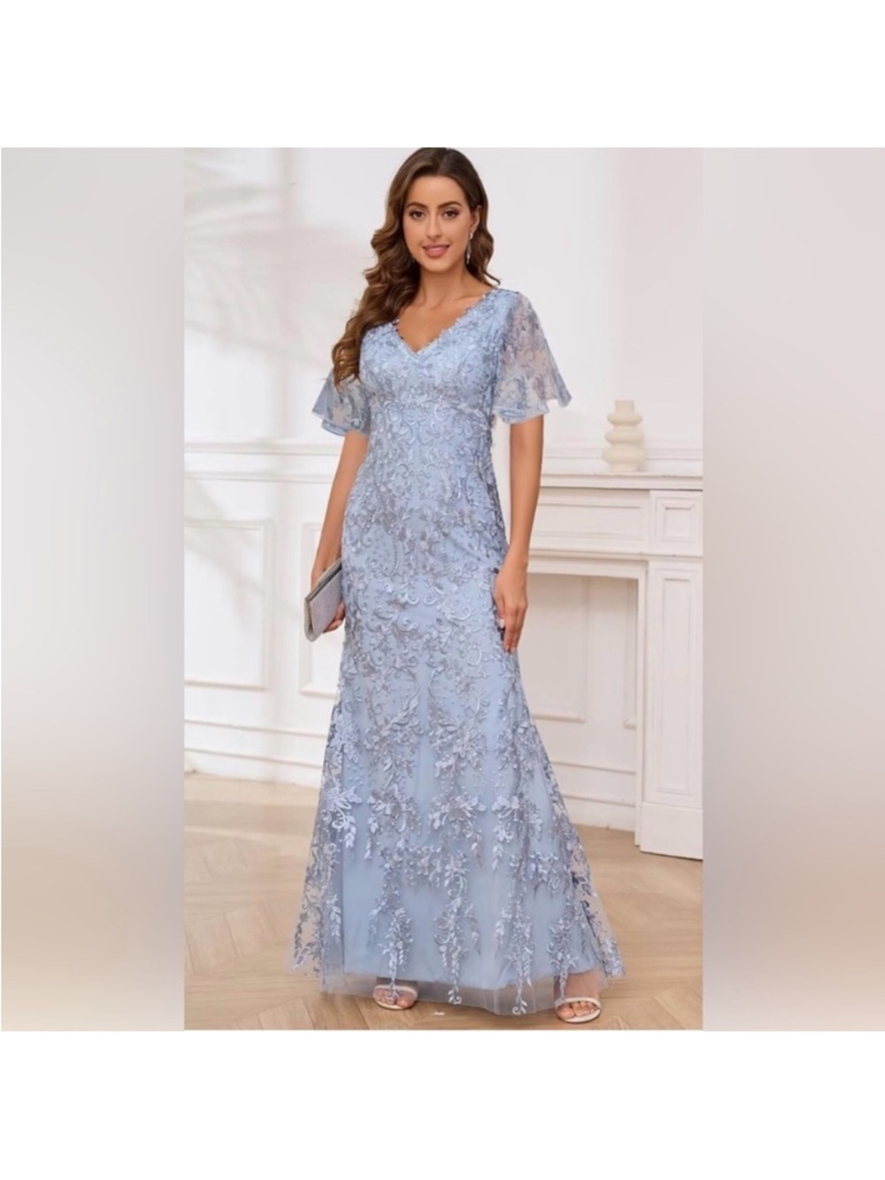Elegant Light Blue Lace V-Neck Evening Dress “Mother of the Bride”